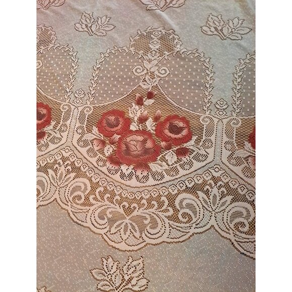 Pink Lace Curtain Panel Attached Valance Sheer Roses Art Deco Style 80x60 - Picture 3 of 6